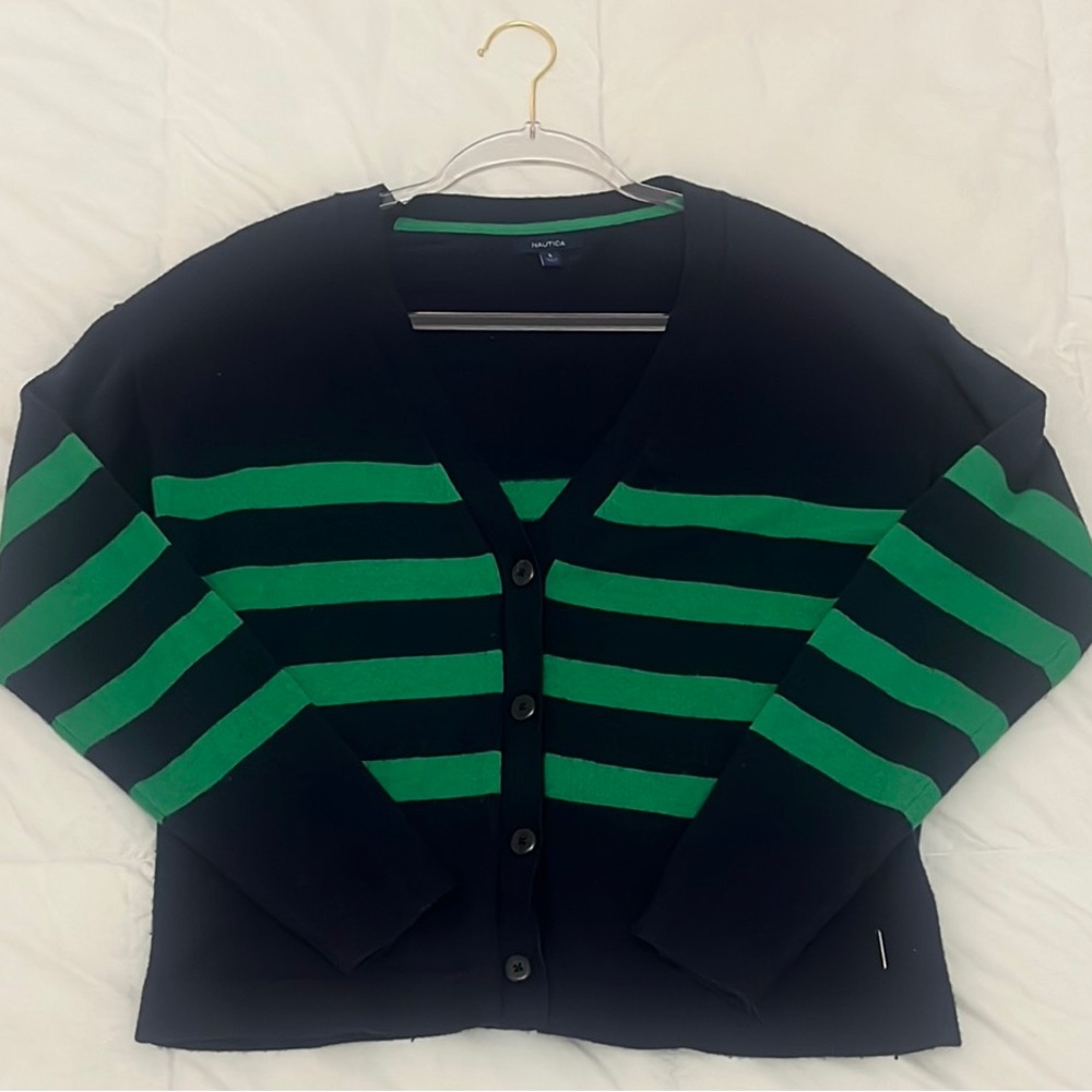 Nautica - Women’s Navy and Green Striped Cardigan